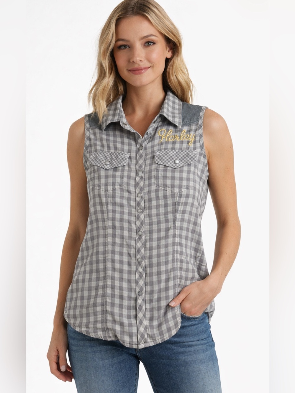 Harley‑Davidson Genuine MotorClothes Sleeveless Plaid Biker Cotton Embroidered S